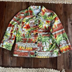 Chico’s Sz L Cotton/Spandex Jungle Print Monkey Novelty Print Jacket 3/4 Sleeve